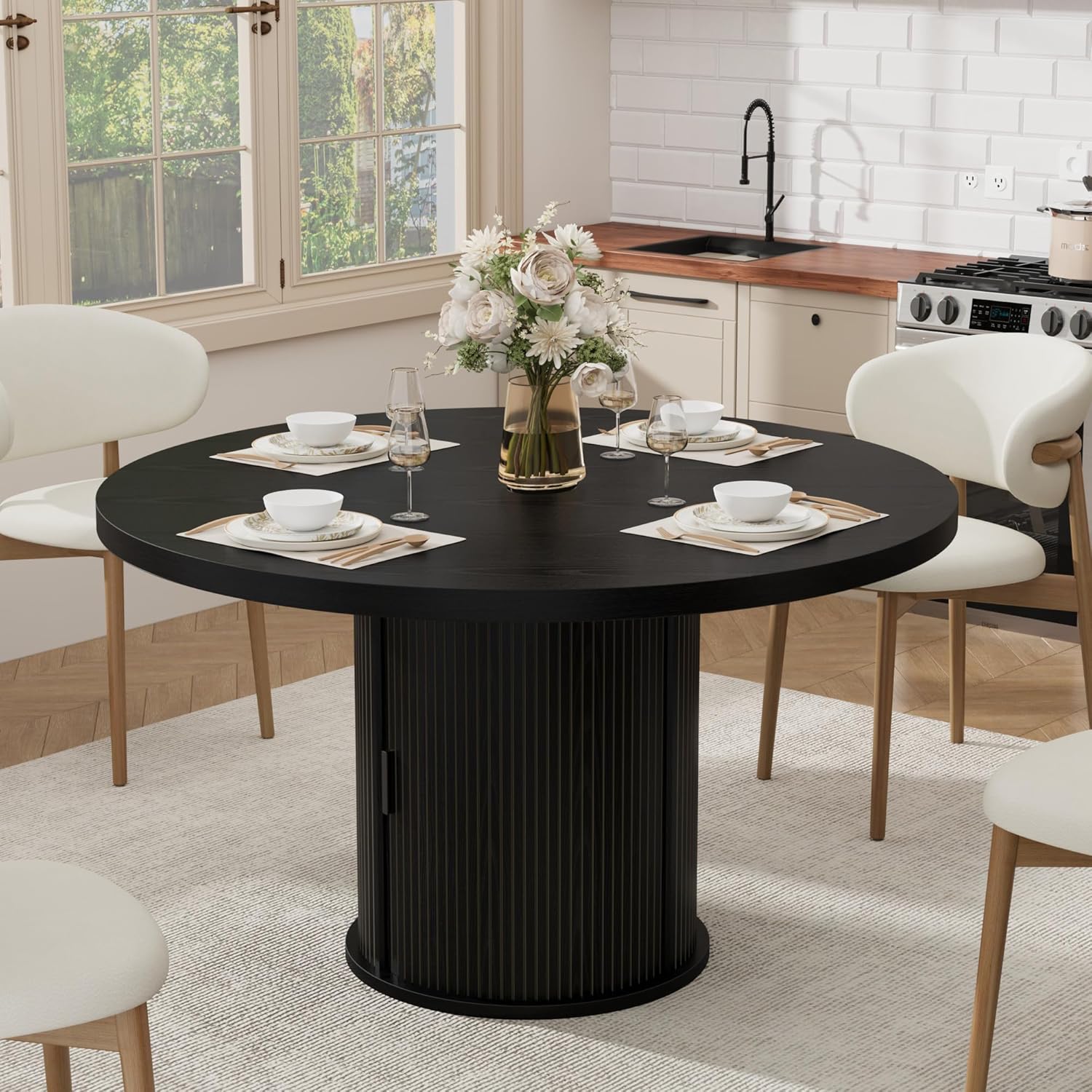 Garvee 47 Inch Round Dining Table for 4, Kitchen Table with 2-Layer Storage Shelf and a Drawer, Farmhouse Circle Dinner Table for Dining Room, Kitchen, Living Room (Table Only), Black