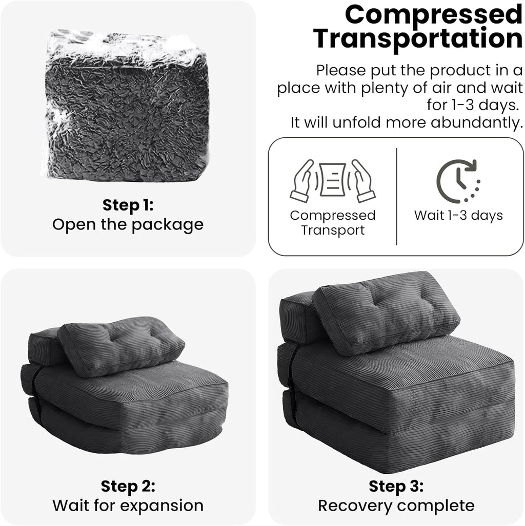 tantohom Folding Sofa Bed, Convertible Sleeper Chair with Pillow Foldable Mattress with Back Support,Space-Saving Sofa for Living Room,Bedroom (Dark Gray)