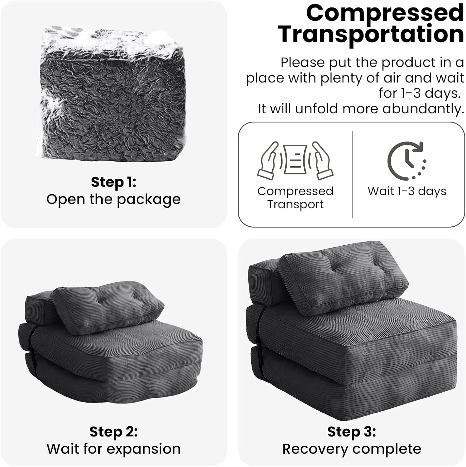 tantohom Folding Sofa Bed, Convertible Sleeper Chair with Pillow Foldable Mattress with Back Support,Space-Saving Sofa for Living Room,Bedroom (Dark Gray)