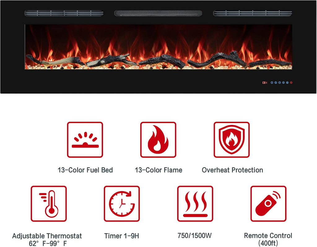 72" Electric Fireplaces Inserts, Recessed & Wall-Mounted Fireplace Heater with Thermostat, Multicolor Flames,Timer, Log & Crystal, 750/1500W