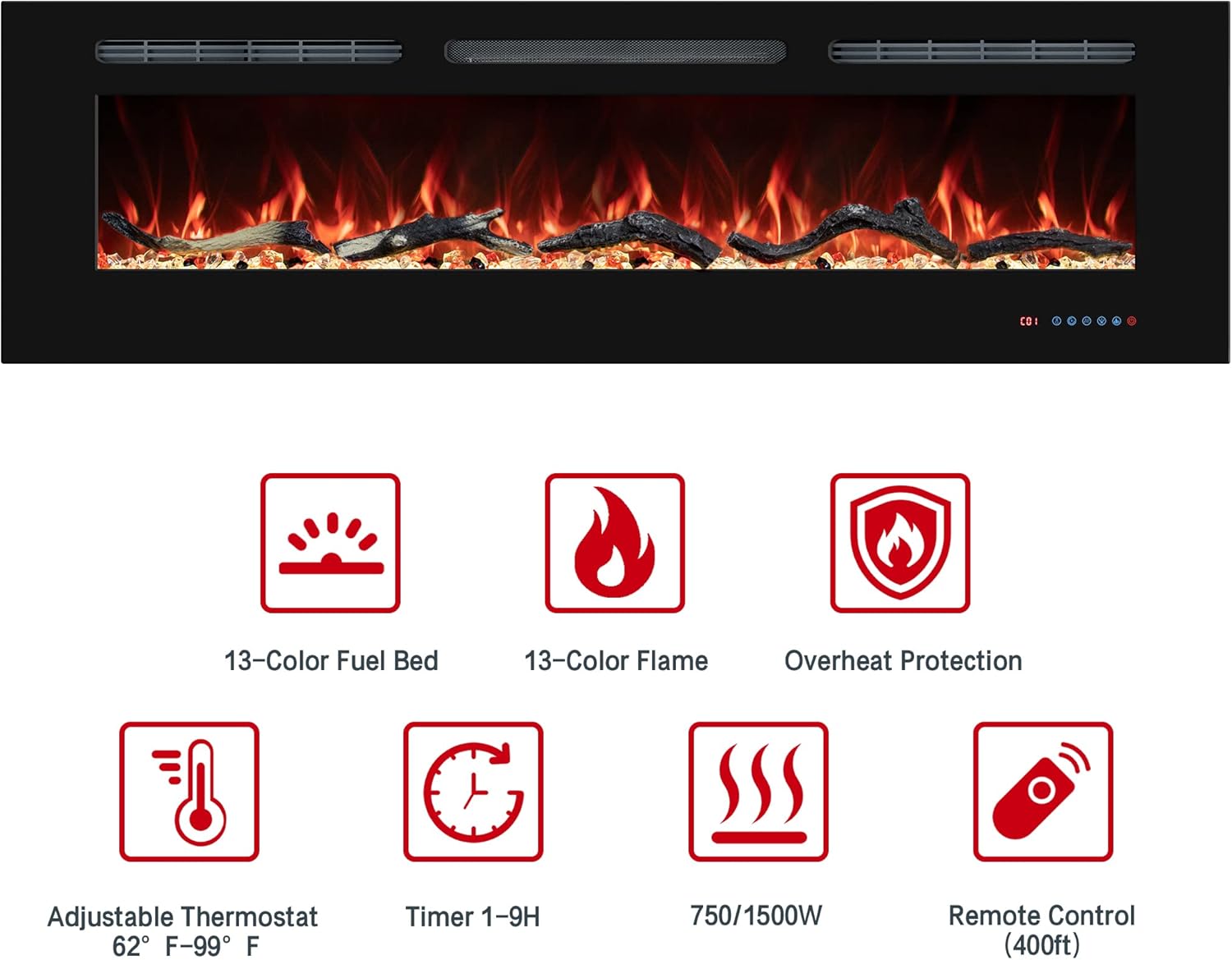72" Electric Fireplaces Inserts, Recessed & Wall-Mounted Fireplace Heater with Thermostat, Multicolor Flames,Timer, Log & Crystal, 750/1500W