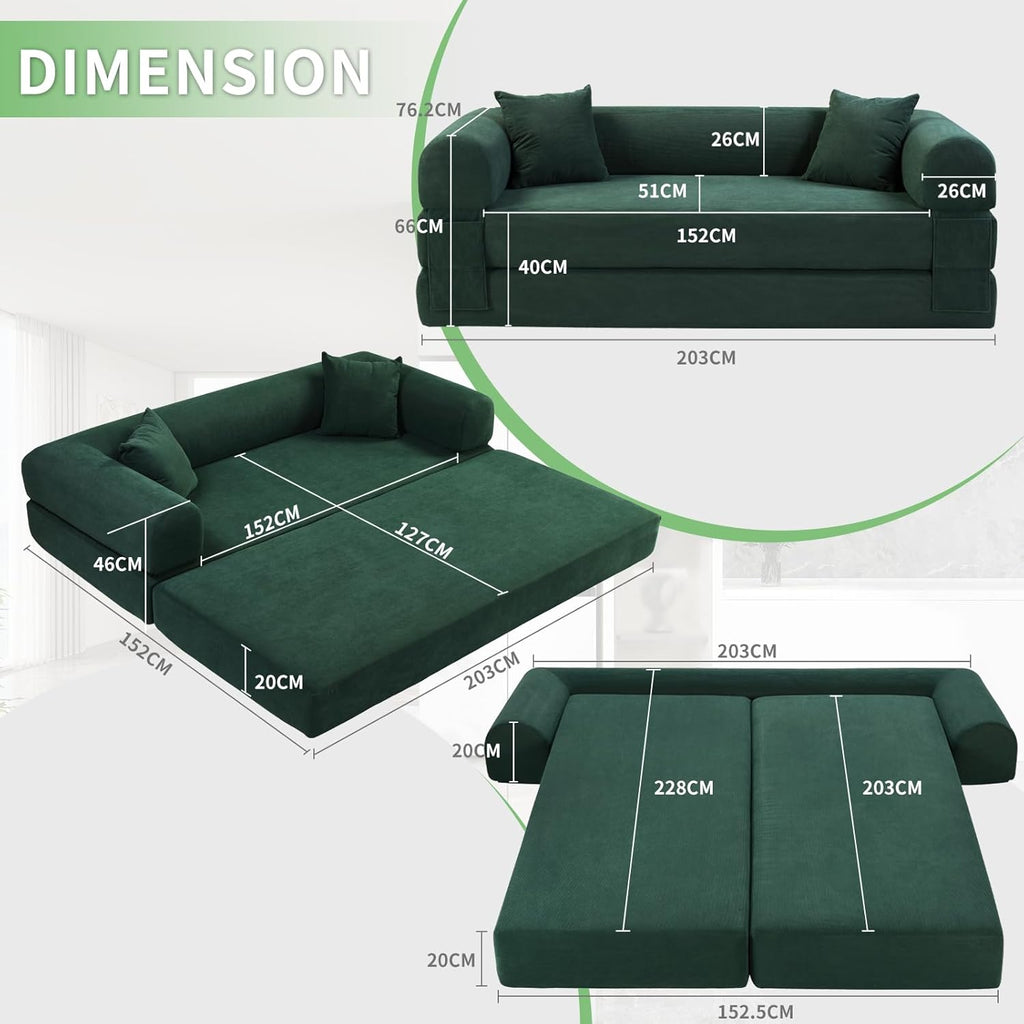 4-in-1 Folding Convertible Sofa Bed, 80 Inch Corduroy Upholstered Boneless Couch, Loveseat Sleeper with Pull Out Bed, Floor Sofa Modular Futon Teddy Sofa for Living Room Bedroom Lounge, Deep Green