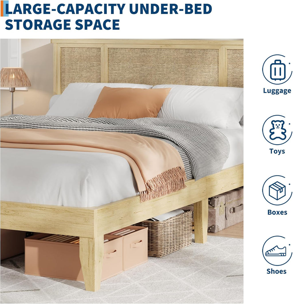 Rattan Bed Frame Queen with Natural Rattan Headboard, Sturdy Wooden Slats, Metal Platform Support, Silent Slats, No Box Spring Needed, Stylish and Robust Bedroom Furniture