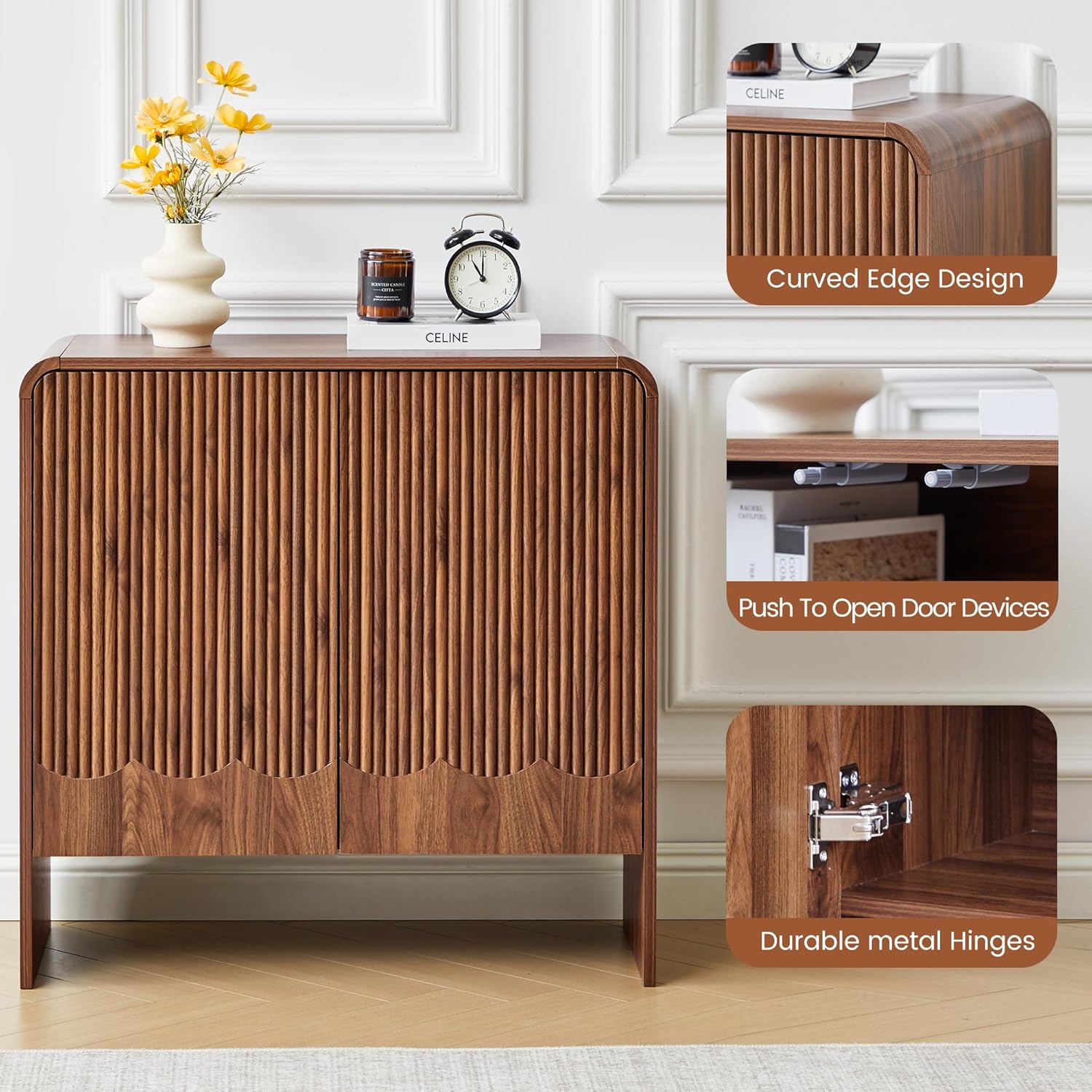 Fluted Sideboard Buffet Cabinet with Storage Set of 3, Mid Century Modern Storage Cabinet with Curved Edge and Adjustable Shelves for Kitchen Dining Room Living Room (Walnut, 3 pcs)