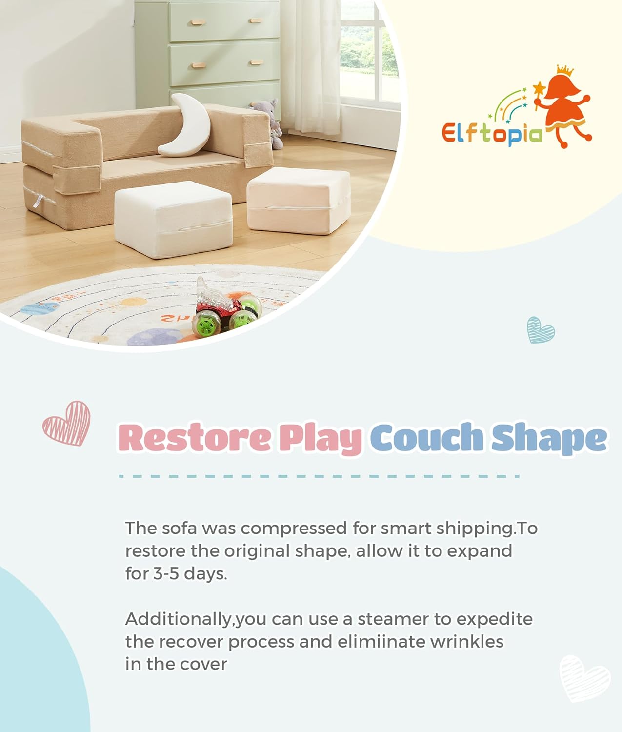 Elftopia Modular Kids Sofa,Toddler Couch Foam Armchair for Kids,Children Convertible Plush Sofa Play Set,Fold Out SofaBed(Classic Color)