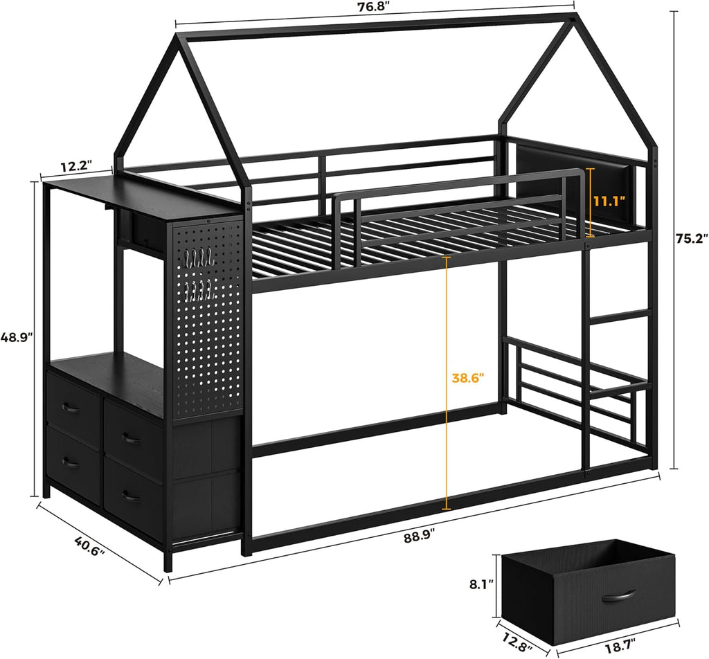 LIKIMIO Bunk Bed Twin Over Twin, House Bed Frame with 6 Storage Drawers,Hall Tree, Twin Bed with Metal Slats for Dormitory and Bedroom, Space Saving, No Box Spring Needed, Black