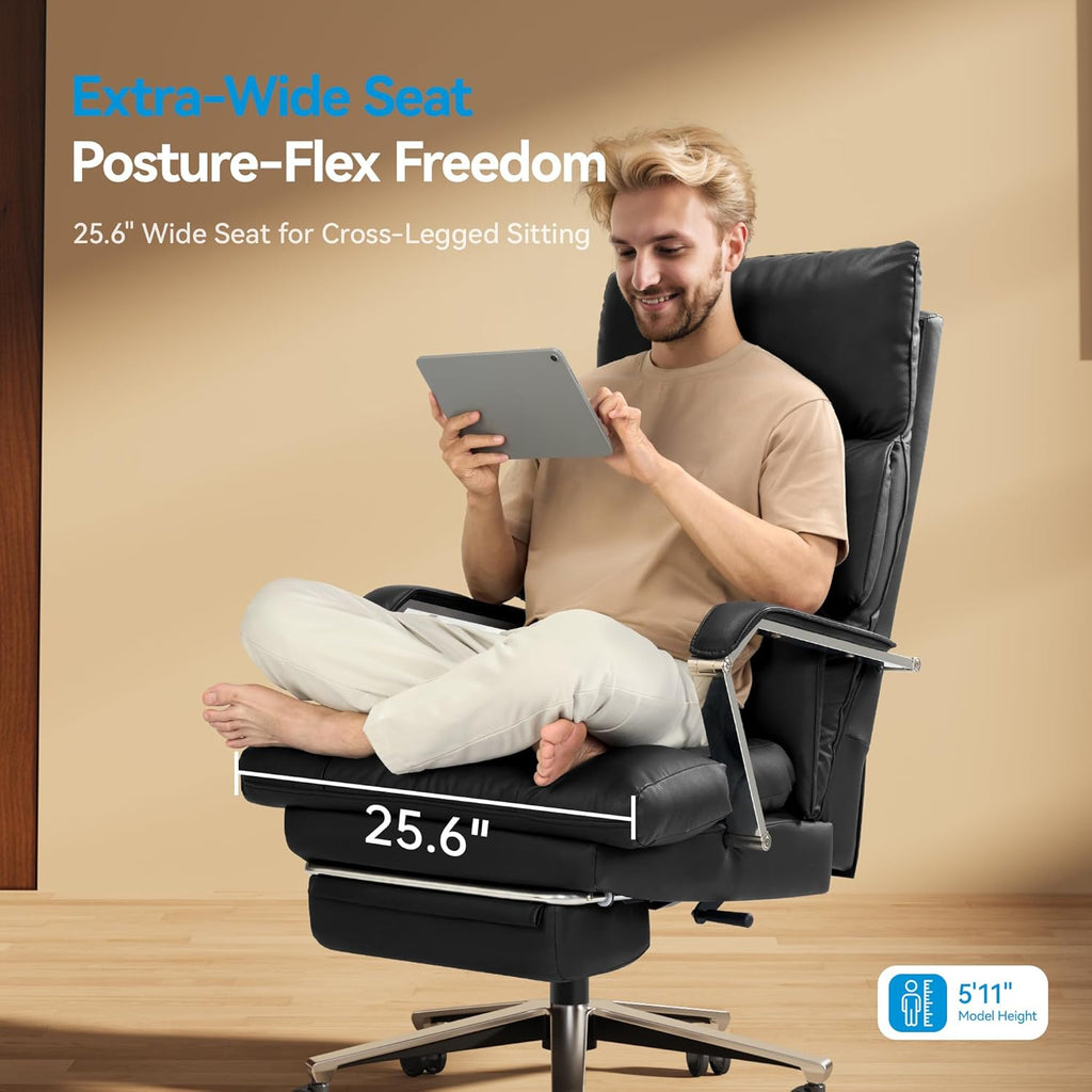 M76 160° Reclining Office Chair with Footrest, 10" Thick Cloud Cushion Executive Desk Chair, Extra Wide Cross-Legged Ergonomic Chair for Big and Tall, Adjustable Seat Depth, Easy Assembly, Black
