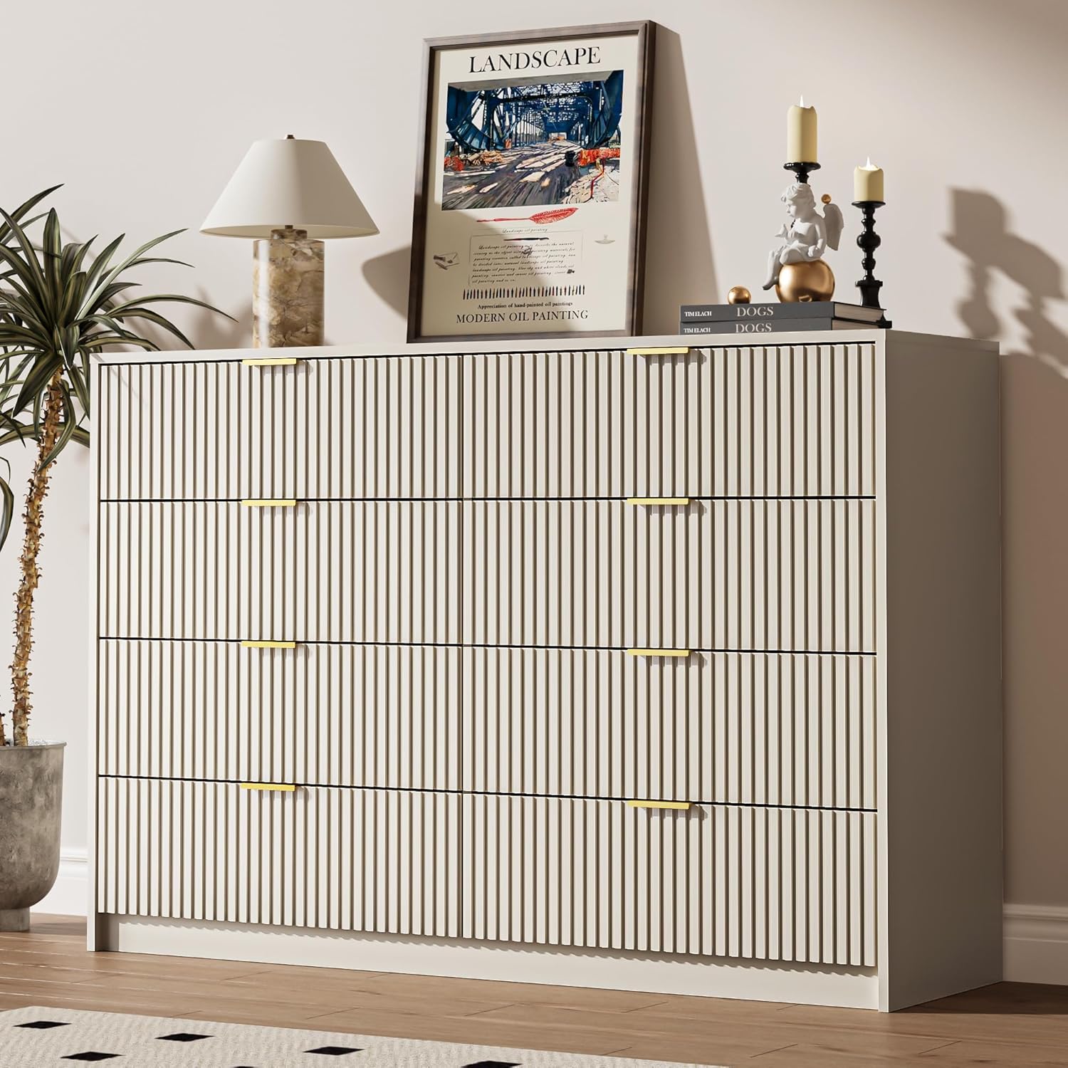 Beige Dresser for Bedroom, 8 Drawer Double Dresser, Modern Chest of Drawers for Bedroom, Living Room, Entryway and Closet, 55" L x 15.7" D x 37.4" H