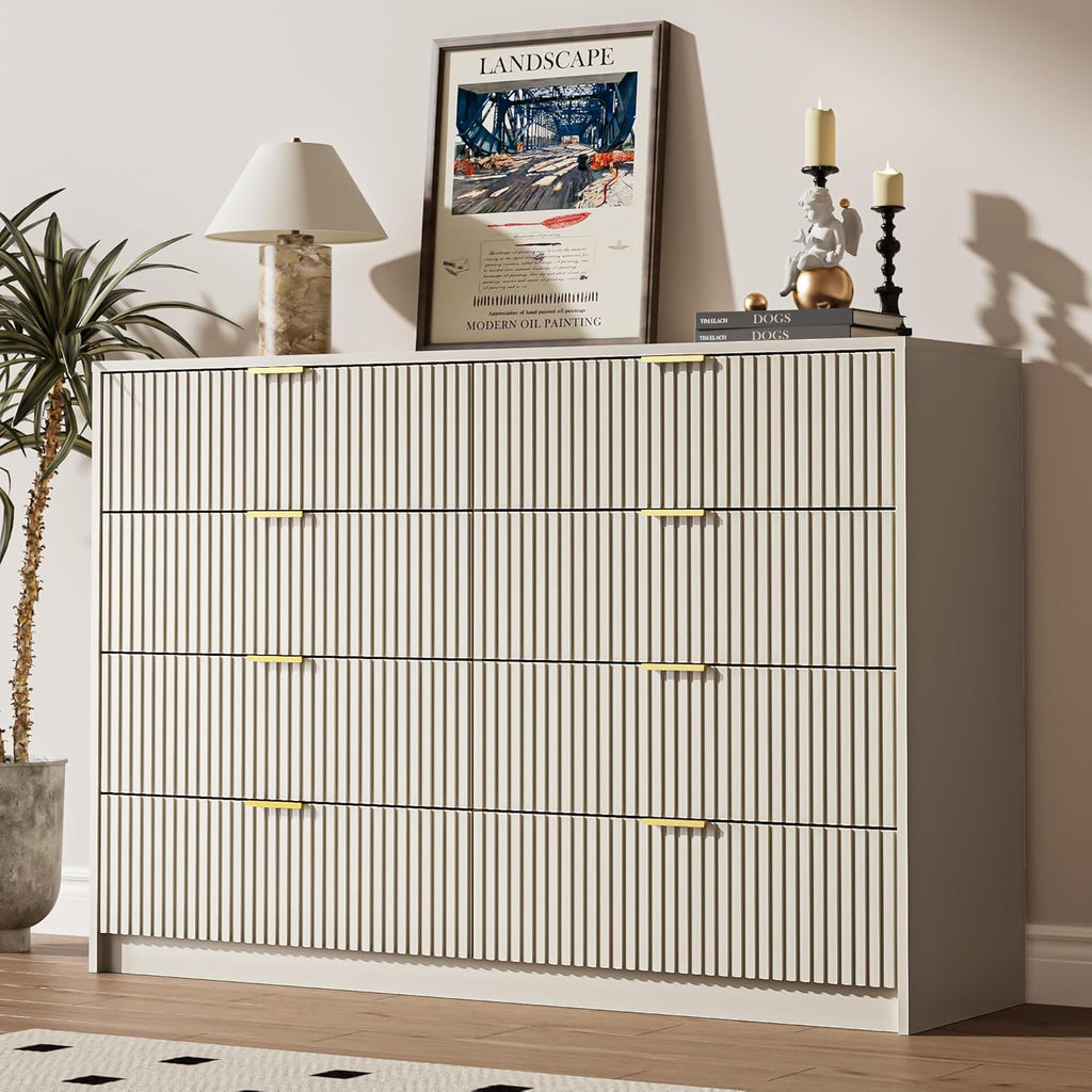 Beige Dresser for Bedroom, 8 Drawer Double Dresser, Modern Chest of Drawers for Bedroom, Living Room, Entryway and Closet, 55" L x 15.7" D x 37.4" H