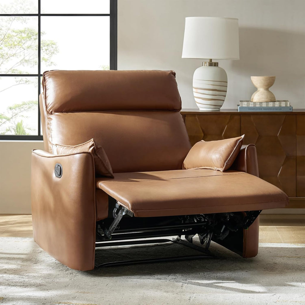HULALA HOME Faux Leather Oversized Recliner Chair, Manual Pushback Recliner with Extra Wide Seat and Thick Padded Backrest for Living Room, Camel