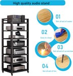 7 Tier Audio Rack Tower  CD Record Player Stereo Receiver AV Equipment Cabinet Display Rack  Weight Capacity 661 lbs  with Adjustable Wooden Shelves for Home (7 Tier Black)