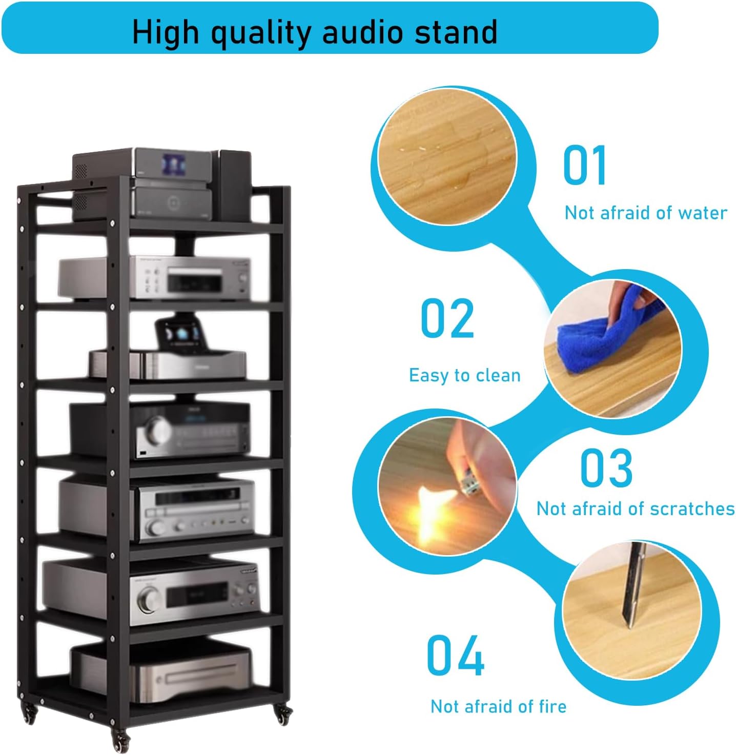 7 Tier Audio Rack Tower  CD Record Player Stereo Receiver AV Equipment Cabinet Display Rack  Weight Capacity 661 lbs  with Adjustable Wooden Shelves for Home (7 Tier Black)