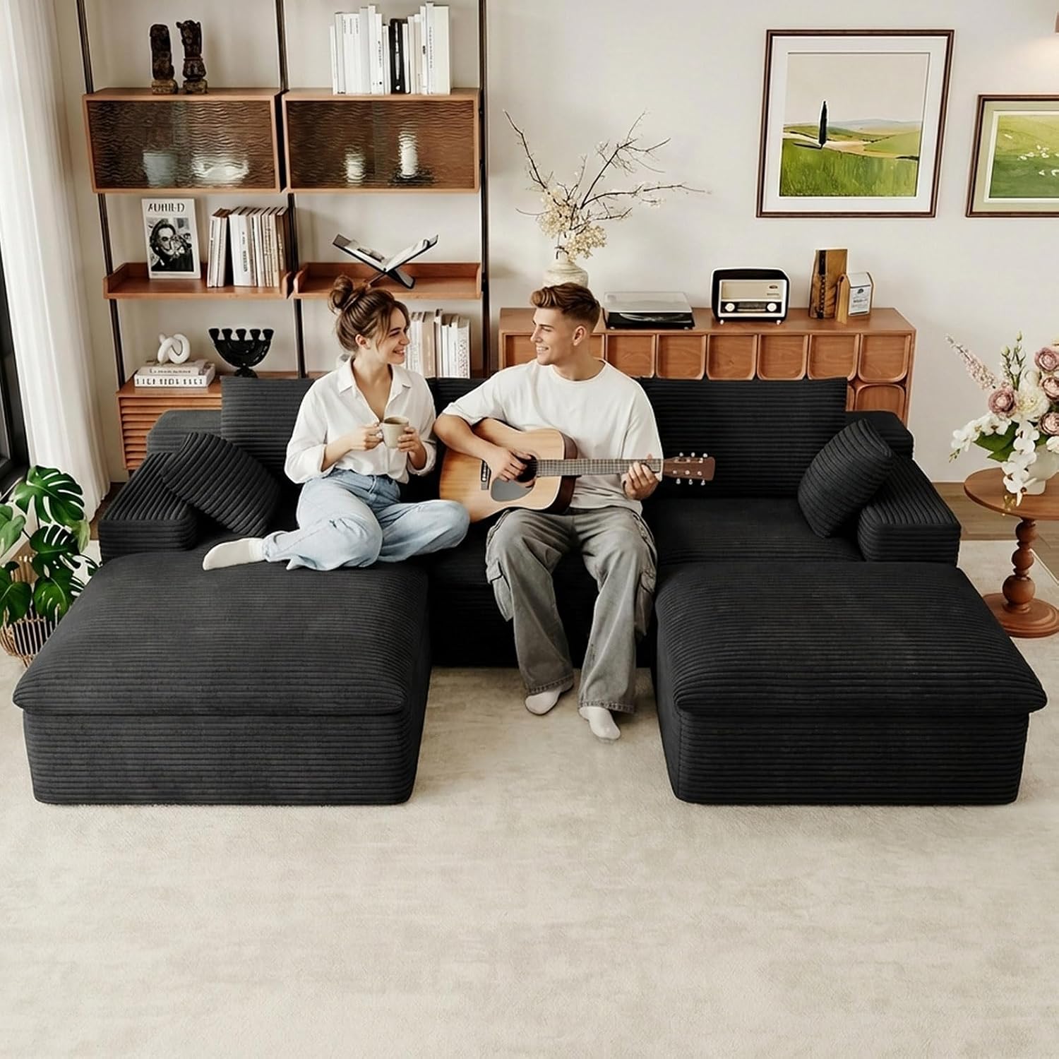 107" Cloud Couch Modular Sectional Sofa for Living Room, U-Shape Boneless Couch with Deep Seat, Modern Upholstered Corduroy 3-Seater with Ottoman, No Assembly Required (Black,Left-Facing Chaise)