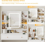 Vanity Desk with Mirror and Lights, Glass Top Vanity Table Makeup Vanity with Lights and Charging Station & Sliding Door, Glass Top Vanity with 3 Drawers and Jewelry Cabinet, 42.8inch