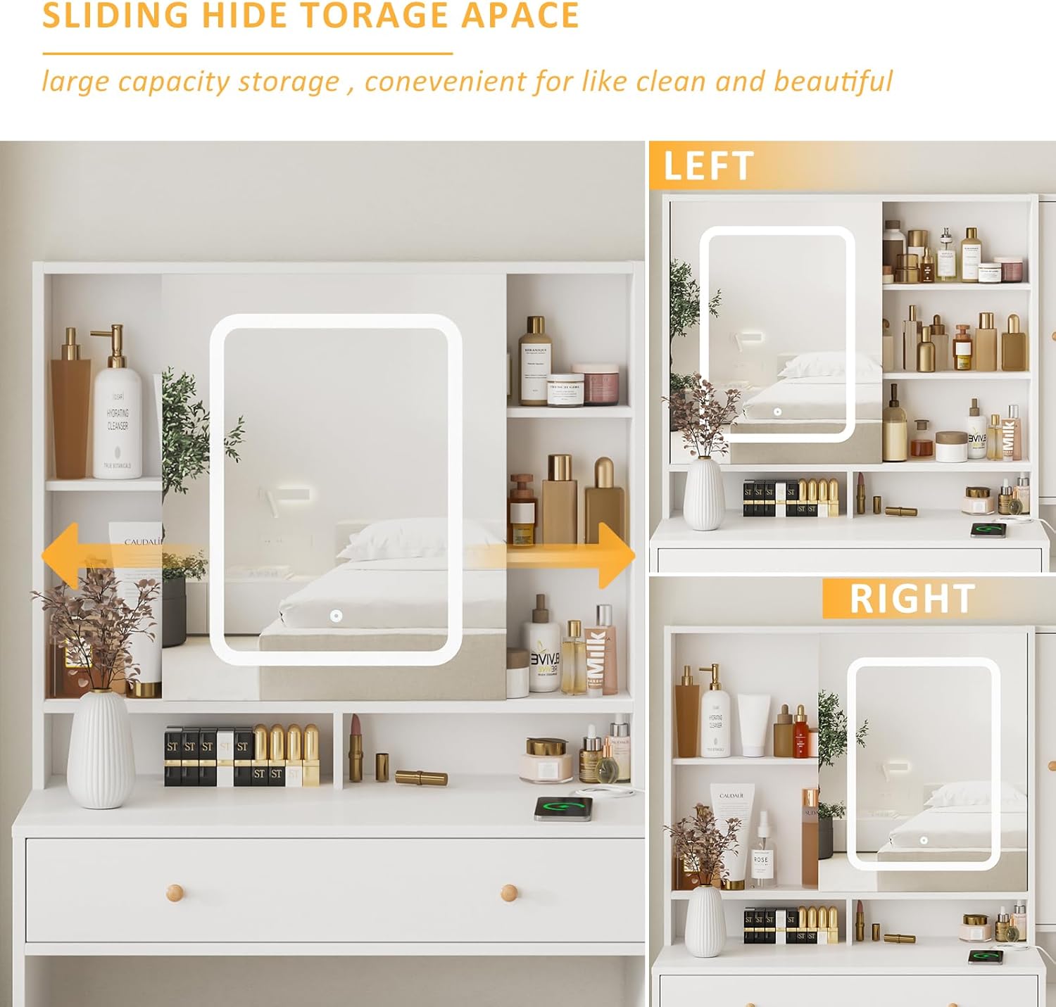 Vanity Desk with Mirror and Lights, Glass Top Vanity Table Makeup Vanity with Lights and Charging Station & Sliding Door, Glass Top Vanity with 3 Drawers and Jewelry Cabinet, 42.8inch