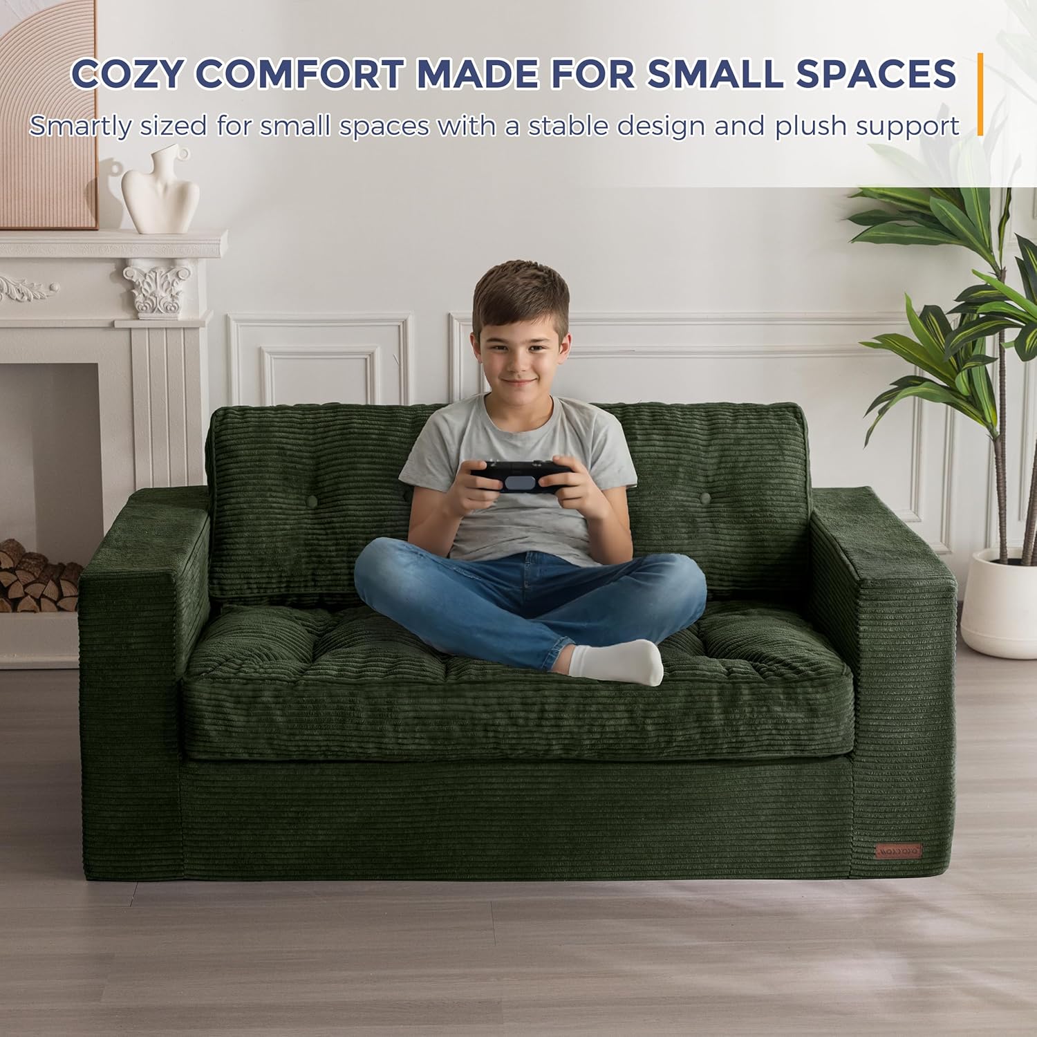 MAXYOYO Loveseat Sofa Couch for Living Room, Boneless Couch with Tufted Cushion & Backrest, Upholstered Floor Sofa for Adults, No Assembly Required, Dark Green