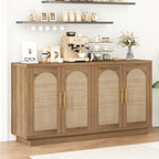 59-Inch Rattan Sideboard Buffet Cabinet, Farmhouse Storage Cabinets with Adjustable Shelves & 4 Arched Doors, Boho Credenza Coffee Bar Cabinet for Kitchen, Living Room, Entryway