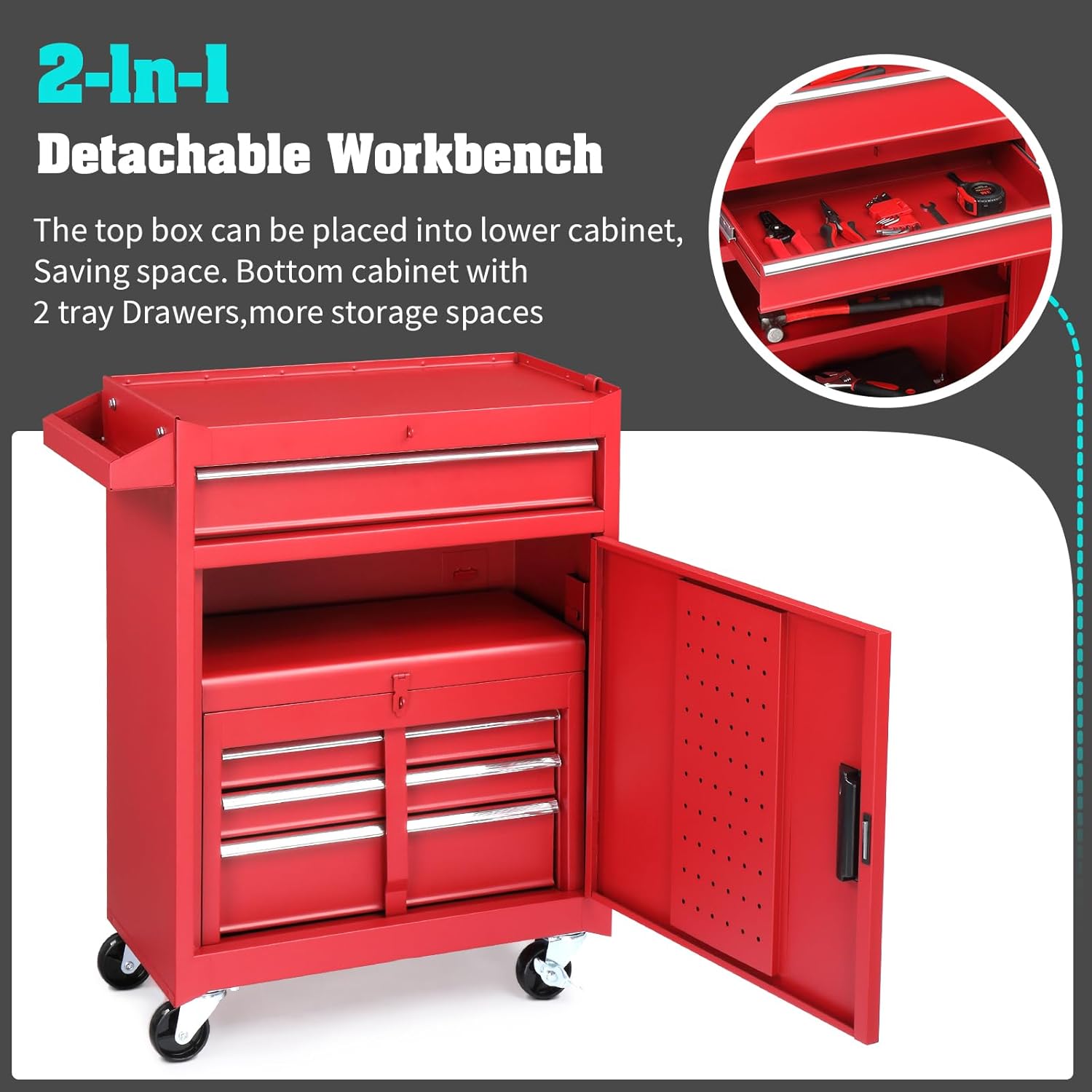 Winado 4-Drawer Rolling Tool Chest with Wheels & Lock, Tool Box with Large Storage Cabinet and Adjustable Shelf, Removable Portable Top Box for Garage, Warehouse, Factory (Red)