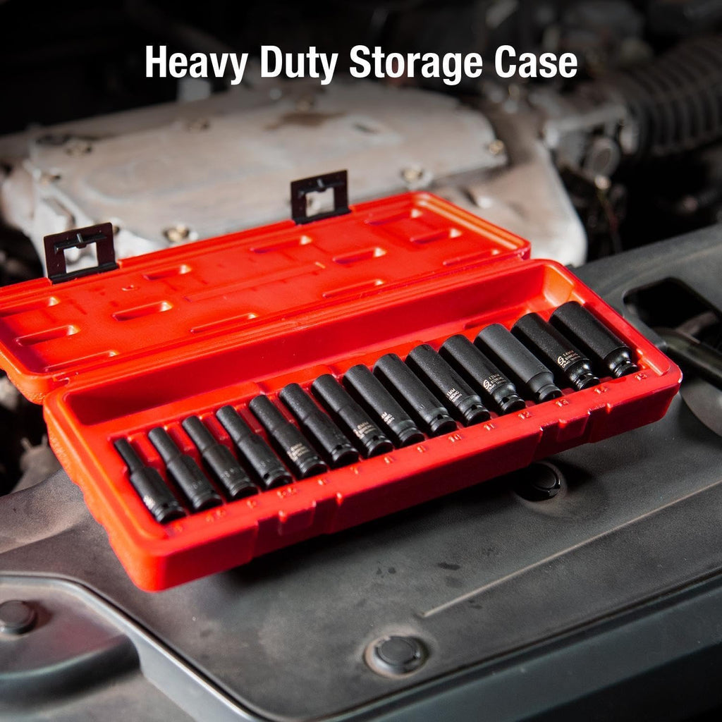 SUNEX TOOLS 1831, 1/4 Inch Drive Deep Magnetic Impact Socket Set, 14-Piece, Metric, 4mm - 15mm, Cr-Mo Alloy Steel, Heavy Duty Storage Case, Meets ANSI Standards