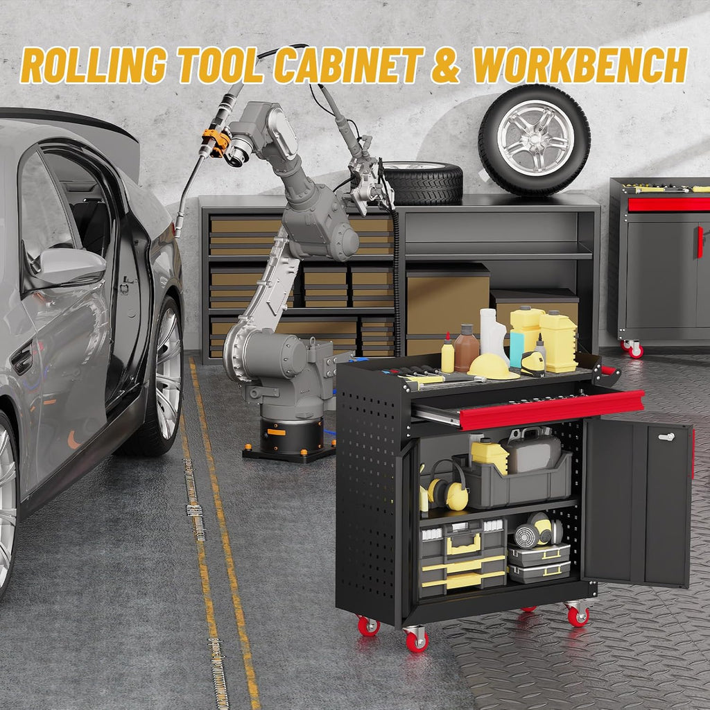 Eltean Rolling Garage Cabinets, Garage Storage Cabinet with Wheels and Workbench, Metal Cabinet with Doors and Shelf, Lockable Metal Storage Cabinets, for Home,Garages, Repair Stores, Warehouses