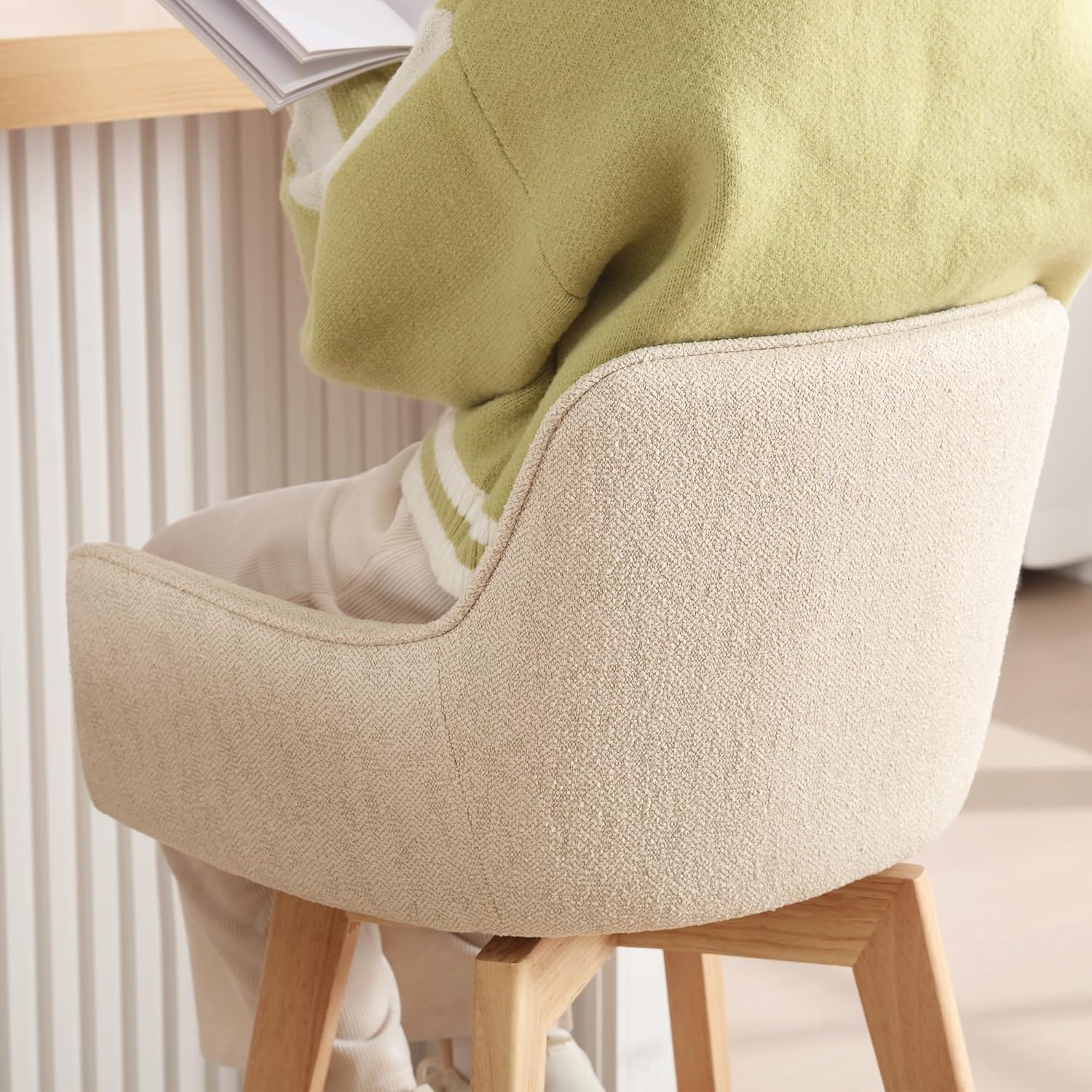ONEVOG Modern 26" Counter Height Bar Stools Set of 4, Swivel Kitchen Island Tall Chairs with Back, Arm, Footrest and Solid Wood Legs, Linen Fabric Upholstered Farmhouse Barstools for Countertop, Beige
