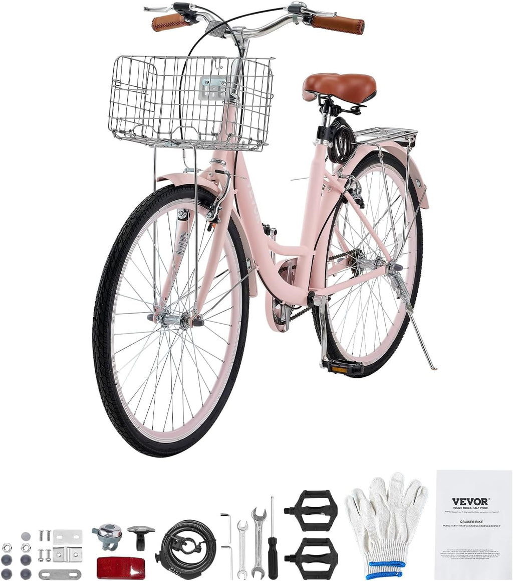 VEVOR Women Bike, 7-Speed and 1-Speed, 24-26 Inch Pink and Light Blue Beach Cruiser Bike, with Large Capacity Basket and Rear Rack, Adjustable Seat, Fits for Cycling, Exercise & Shopping
