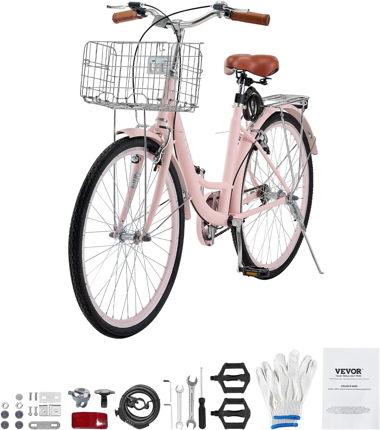 VEVOR Women Bike, 7-Speed and 1-Speed, 24-26 Inch Pink and Light Blue Beach Cruiser Bike, with Large Capacity Basket and Rear Rack, Adjustable Seat, Fits for Cycling, Exercise & Shopping