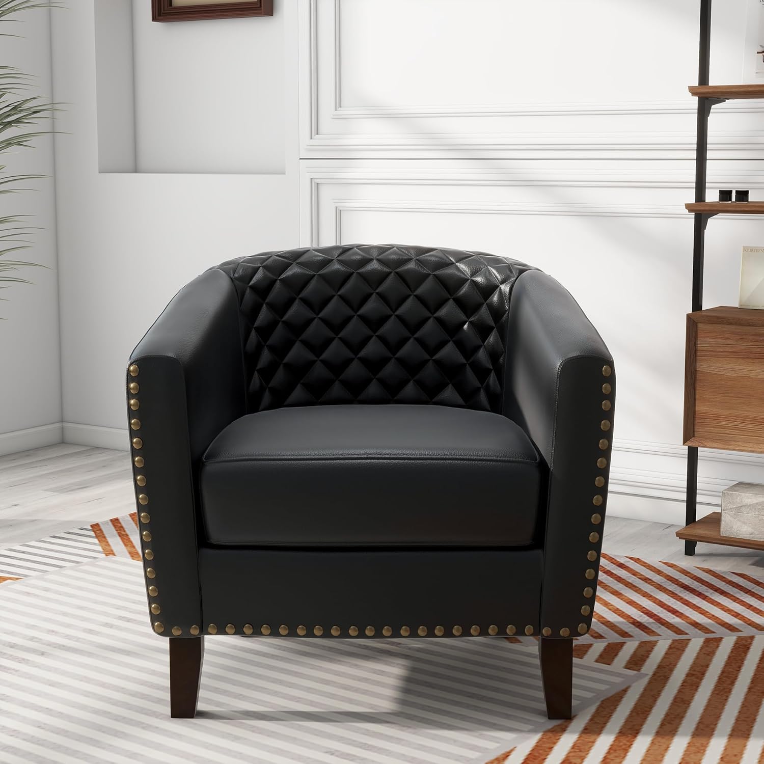 Pia Ricco Faux Leather Barrel Accent Chairs Set of 4, Modern Club Arm Chair Comfy Upholstered Single Sofa Chair with Solid Wood Legs and Nailhead Trim for Living Room/Reading Room, Black