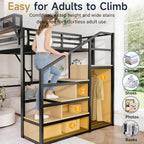 Full Size Loft Bed with Stairs and Storage, Metal Loft Bed Frame with Bedside Shelf and Large Under-Bed Space, Heavy-Duty Bed for Adults Teens and Kids, Convertible Staircase, Black