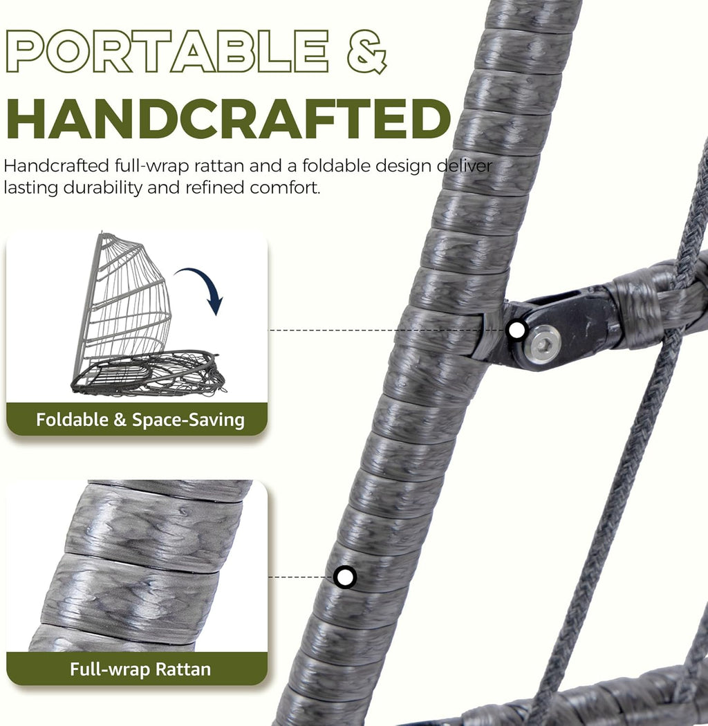 RADIATA Hanging Egg Chair Outdoor Without Stand, Weather-Resistant Wicker Rattan Swing with Cozy Cushion, 350Lbs Indoor Outdoor Eggshell Hammock Seat for Patio Porch Bedroom Balcony, Light Grey