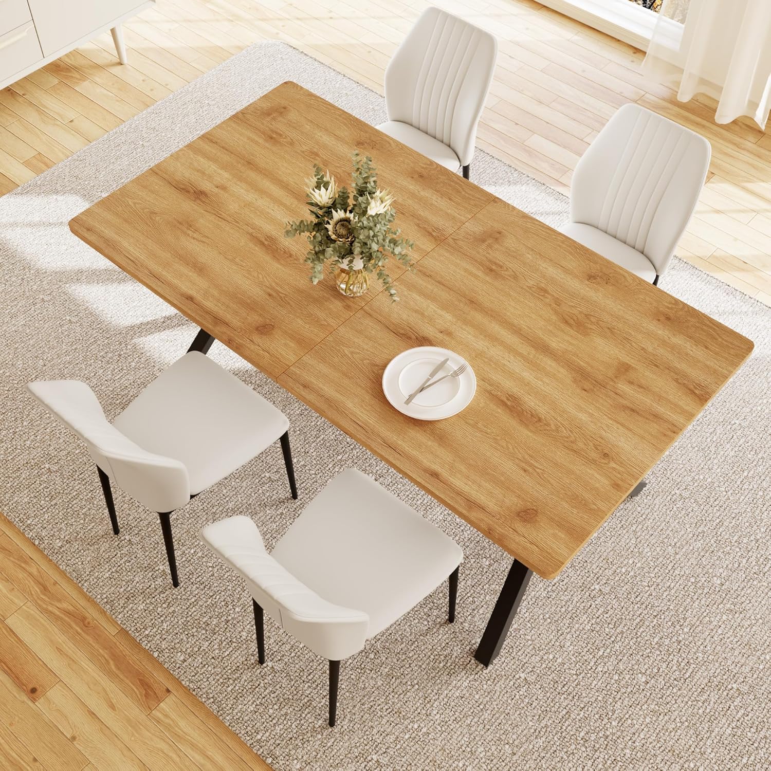 HIPIHOM 5-Piece Dining Table Set for 4-6 People, 63" MDF Kitchen Table with 4 Upholstered Chairs, Metal Legs for Dining Room, Kitchen(Oak Table+4 White Chairs)