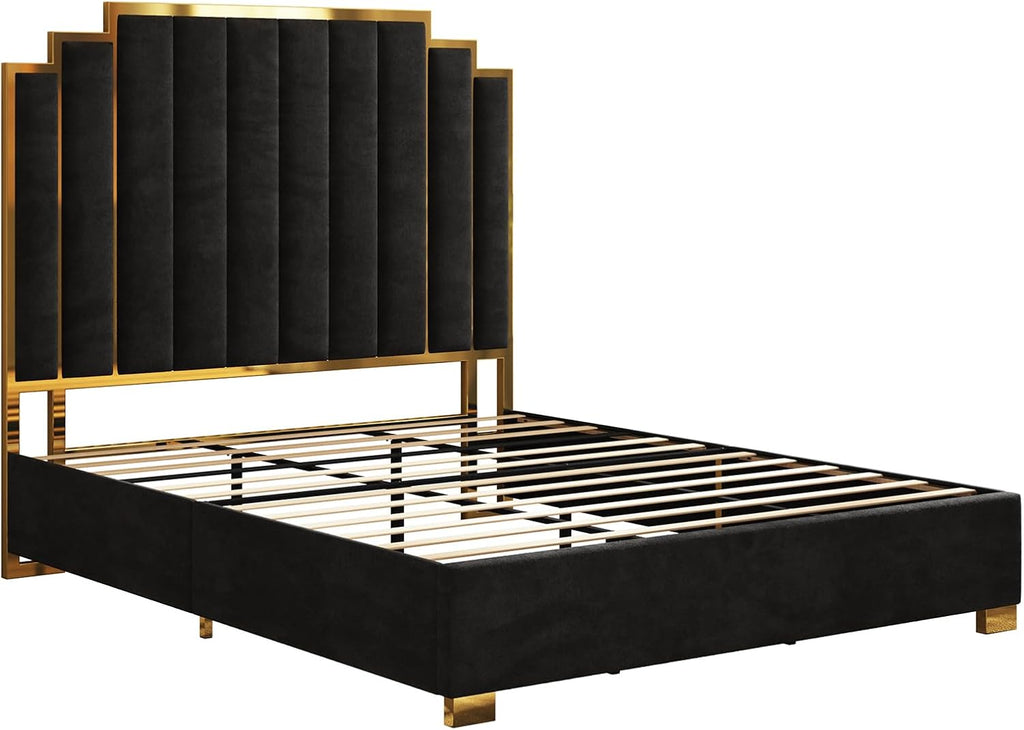AMERLIFE King Size Upholstered Bed, Modern Velvet Bed Frame with 65.4” Tall Gold Trim Headboard, No Box Spring Needed, Black