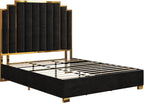 AMERLIFE King Size Upholstered Bed, Modern Velvet Bed Frame with 65.4” Tall Gold Trim Headboard, No Box Spring Needed, Black