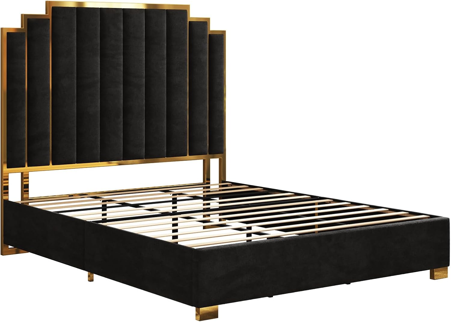 AMERLIFE King Size Upholstered Bed, Modern Velvet Bed Frame with 65.4” Tall Gold Trim Headboard, No Box Spring Needed, Black