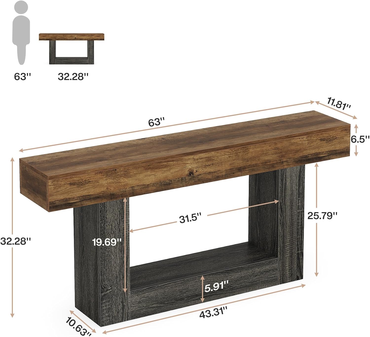 Tribesigns 63" Console Table, Farmhouse 2-Tier Entryway Table with U-Shaped Base, Narrow Long Wood Sofa Table Behind Couch Table for Living Room, Hallway, Foyer, Vintage Brown & Gray | Farmhouse, Entryway Table, Narrow, Long, Sofa Table, Behind Couch