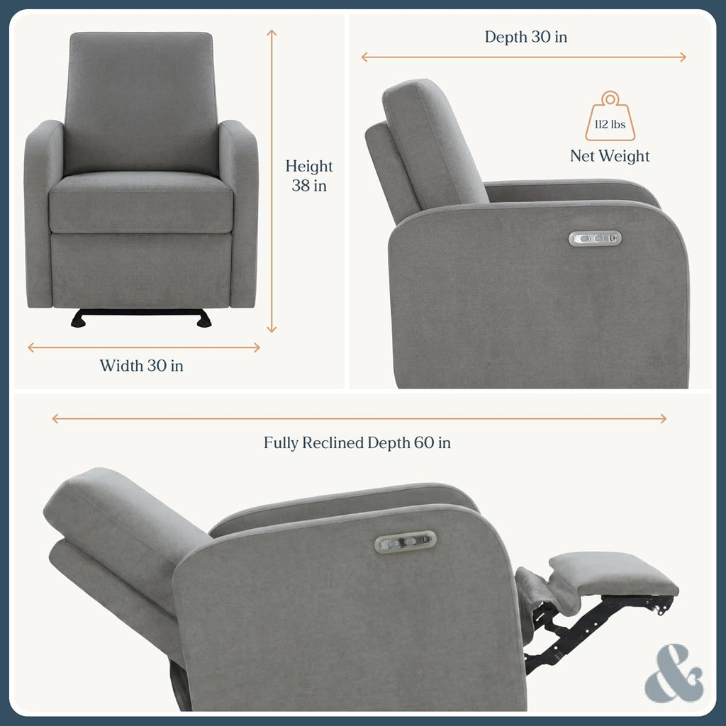 Nurture& The Porto Power Glider Recliner for Nursery | Modern Glider Chair with Power Recline | Built - in USB Charging Port | Space-Saving Design for Small Nurseries and Shared Spaces, Grey
