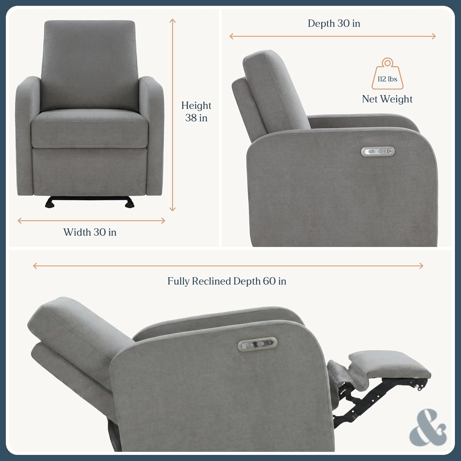 Nurture& The Porto Power Glider Recliner for Nursery | Modern Glider Chair with Power Recline | Built - in USB Charging Port | Space-Saving Design for Small Nurseries and Shared Spaces, Grey
