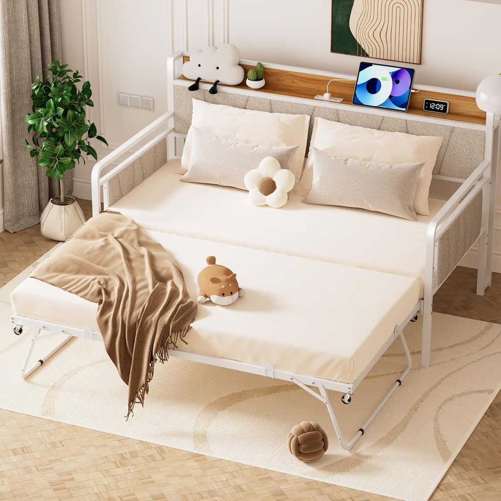Twin Daybed with Trundle, Modern Twin Size Sofa Day Bed, Sturdy Metal Bed Frame with Upholstered Headboard for Living Room, Bedroom, Studio Apartment (White)