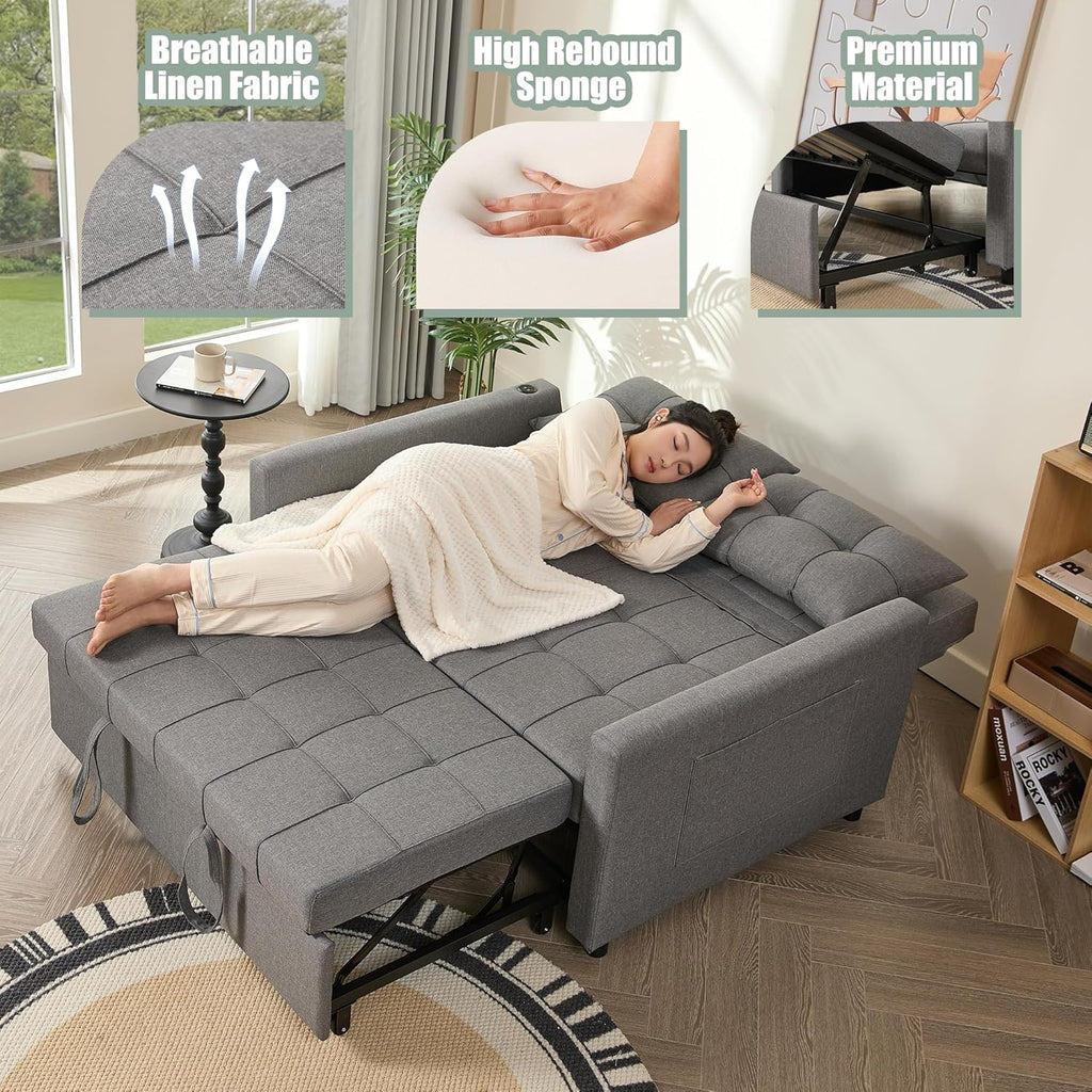 52" Sleeper Sofa with Pull-Out Bed, 3-in-1 Convertible Sofa Bed, Set of Loveseat with Stepless Adjustable Backrest and Side Pocket, for Living Room Dorm Apartment, Linen, Light Gray