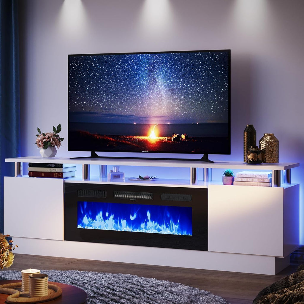 70" Fireplace TV Stand, 2-Tier LED Entertainment Center with 36" Fireplace, Fits TVs up to 80", Modern High Gloss TV Console with LED Lights & Storage Cabinets for Living Room, White + Black