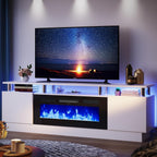 70" Fireplace TV Stand, 2-Tier LED Entertainment Center with 36" Fireplace, Fits TVs up to 80", Modern High Gloss TV Console with LED Lights & Storage Cabinets for Living Room, White + Black