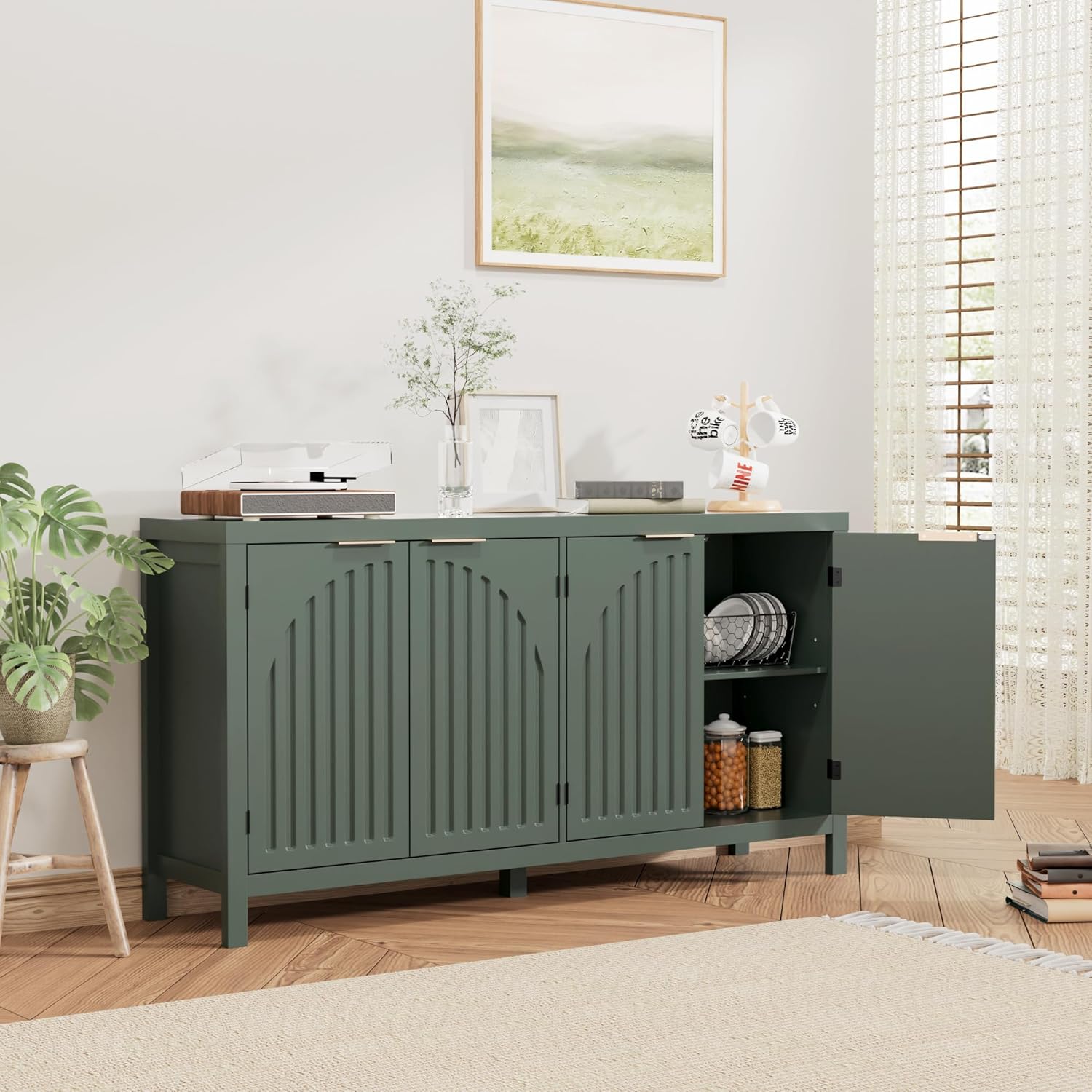 Fluted Sideboard Buffet Cabinet with Storage, 58" Mid Century Modern Accent Cabinet with Arch Doors, Large Wood Media TV Console Table Credenza for Dining Room, Kitchen, Living Room Entryway, Green