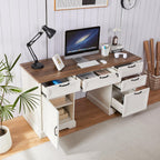 60" Farmhouse Executive Desk with Lock,Home Office Desk with Charging Station,Executive Desk with 4 Drawers & 1 Cabinet&1 File Cabinet for Office and Home