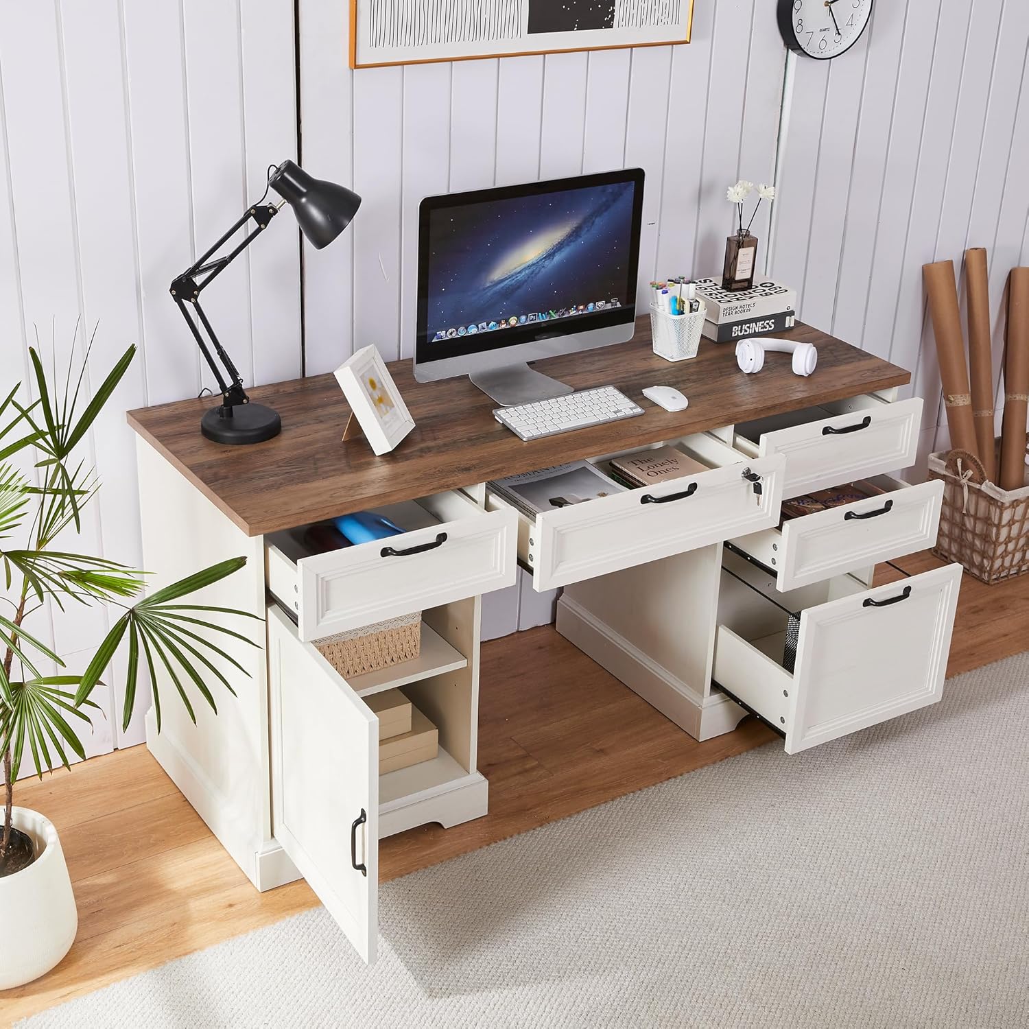 60" Farmhouse Executive Desk with Lock,Home Office Desk with Charging Station,Executive Desk with 4 Drawers & 1 Cabinet&1 File Cabinet for Office and Home
