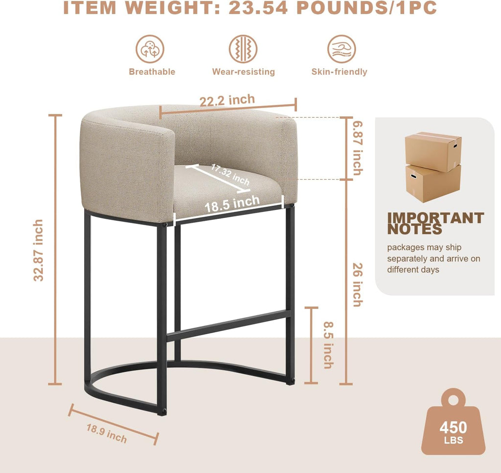 26" H Counter Height Bar Stools Set of 3, Modern Barrel Counter Stools with Backrest and Arms, Linen Fabric Upholstered Accent Barstools for Kitchen Island,Support 450 LBS (Beige)