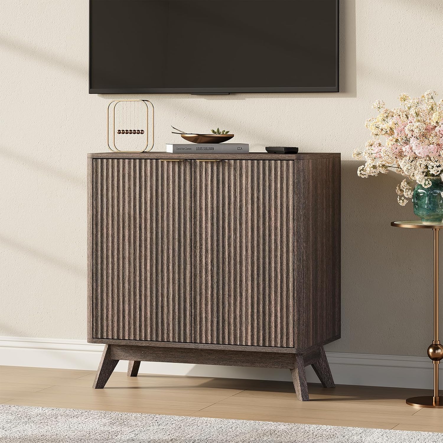 29'' Sideboard Buffet Cabinet with Storage, Fluted Cabinet with Rounded Corners, Modern Buffet Table Accent with 2 Doors for Coffee Bar, Console Table,Walnut