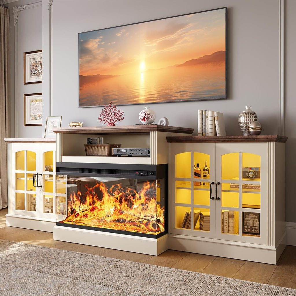 97" Fireplace TV Stand with 36" Electric Fireplace, Farmhouse Entertainment Center for TVs up to 100", Media Console Table with Large Storage Cabinets, for Living Room, White