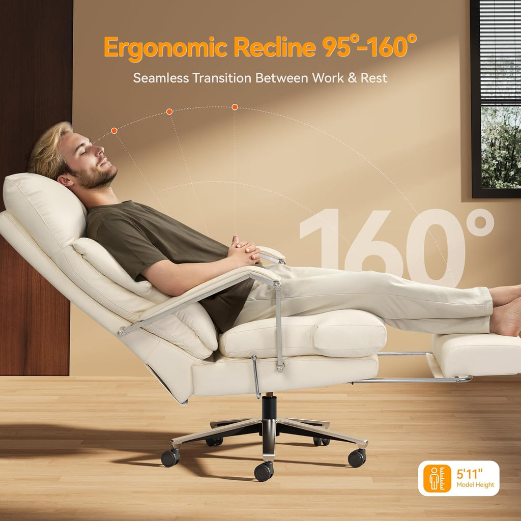 M76 160° Reclining Office Chair with Footrest, 10" Thick Cloud Cushion Executive Desk Chair, Extra Wide Cross-Legged Ergonomic Chair for Big and Tall, Adjustable Seat Depth, Easy Assembly, Cream