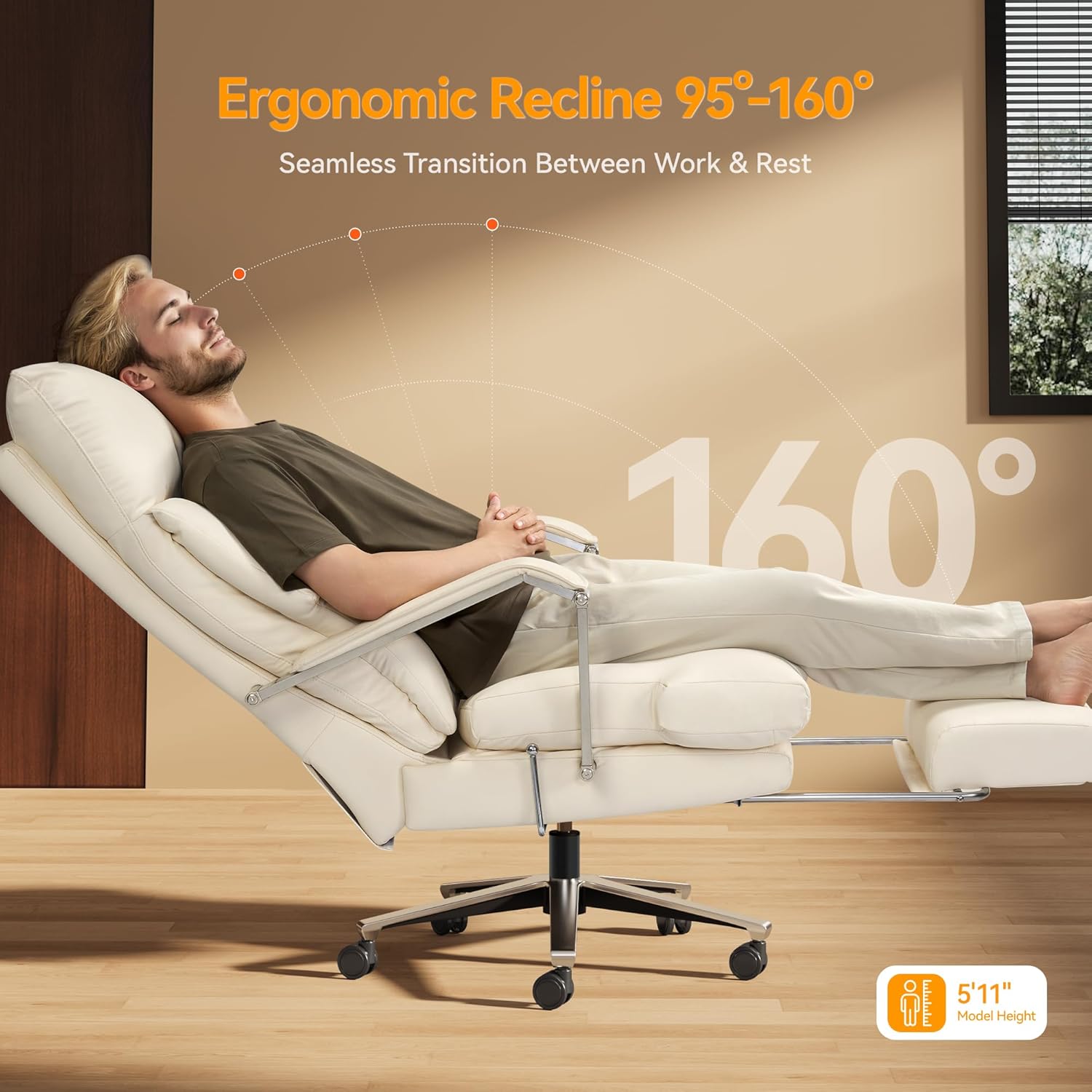 M76 160° Reclining Office Chair with Footrest, 10" Thick Cloud Cushion Executive Desk Chair, Extra Wide Cross-Legged Ergonomic Chair for Big and Tall, Adjustable Seat Depth, Easy Assembly, Cream