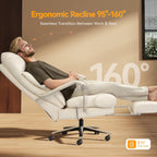 M76 160° Reclining Office Chair with Footrest, 10" Thick Cloud Cushion Executive Desk Chair, Extra Wide Cross-Legged Ergonomic Chair for Big and Tall, Adjustable Seat Depth, Easy Assembly, Cream